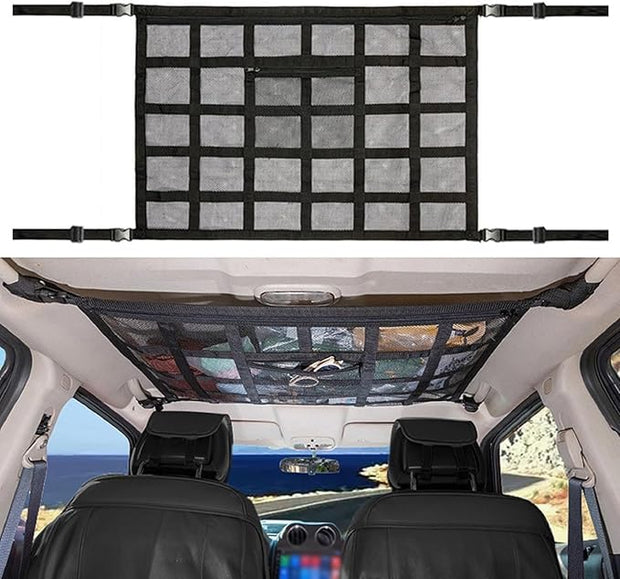 Car Ceiling Cargo Net Pocket – Adjustable Double-Layer Mesh Roof Organizer