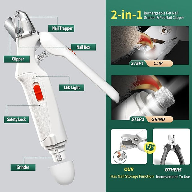 2-in-1 Cat & Dog Nail Clippers with LED Light and Grinder – USB Rechargeable