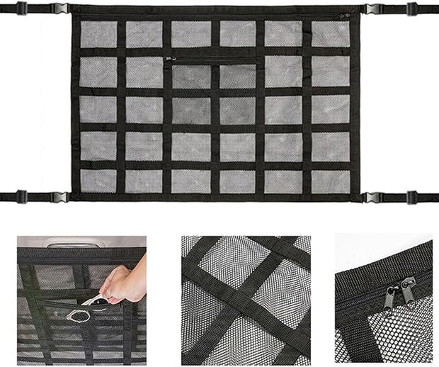 Car Ceiling Cargo Net Pocket – Adjustable Double-Layer Mesh Roof Organizer