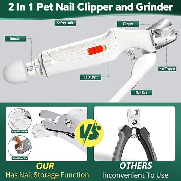 2-in-1 Cat & Dog Nail Clippers with LED Light and Grinder – USB Rechargeable